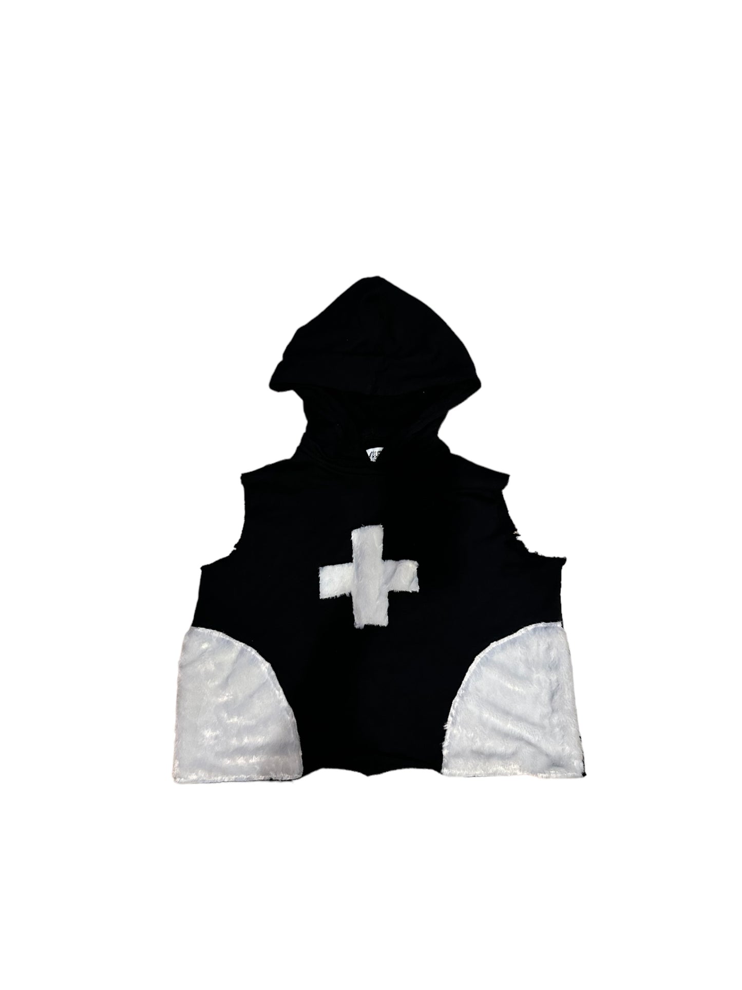 Fur patch sleeveless shirt w/oversized hood