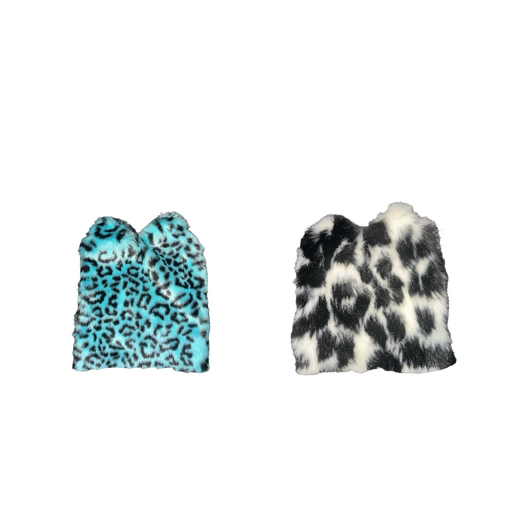 2tone bat ear leopard print faux fur beanie